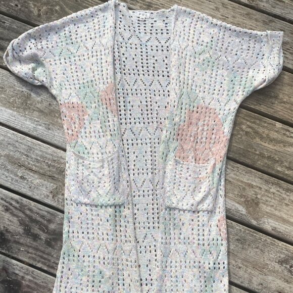 POL Boho Knit Open Front Short Sleeve Cardigan Sweater Pastel Sz M Crochet Beach - Picture 2 of 13